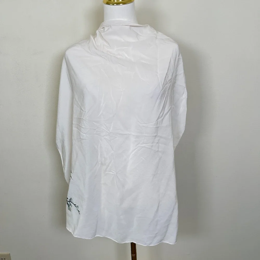 Vintage Silk Embroidered‎ Crane Scarf White Green Asian Bird Nature Souvenir